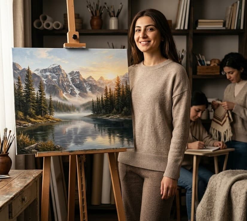 Everyday creator with artwork in studio